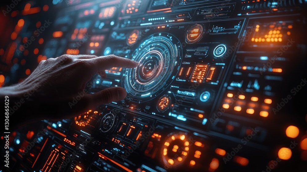 Hand interacting with futuristic holographic interface. Hand interacting with futuristic holographic interface.