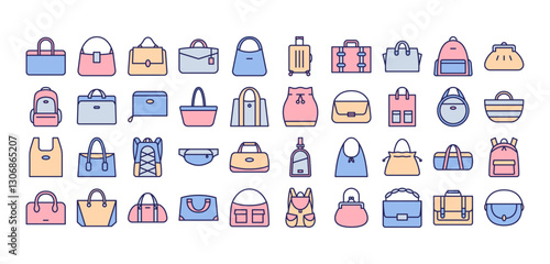 A collection of various bag icons. Casual fashion bag items set on white background.