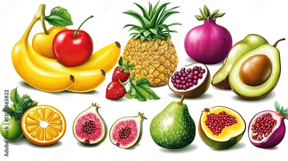 Colorful fruit arrangement, kitchen table, healthy eating, website banner Colorful fruit arrangement, kitchen table, healthy eating, website banner