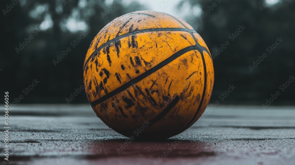 A well-worn basketball with scratches resting on a rugged court. A well-worn basketball with scratches resting on a rugged court.
