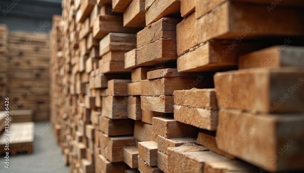 Stack of wooden planks and boards in warehouse. Timber woodpile of natural brown logs at sawmill. Lumber industry, construction material awaiting sale for woodwork production. Stack of wooden planks and boards in warehouse. Timber woodpile of natural brown logs at sawmill. Lumber industry, construction material awaiting sale for woodwork production.
