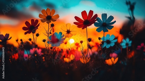 Vibrant cosmos flowers silhouetted against a sunset.