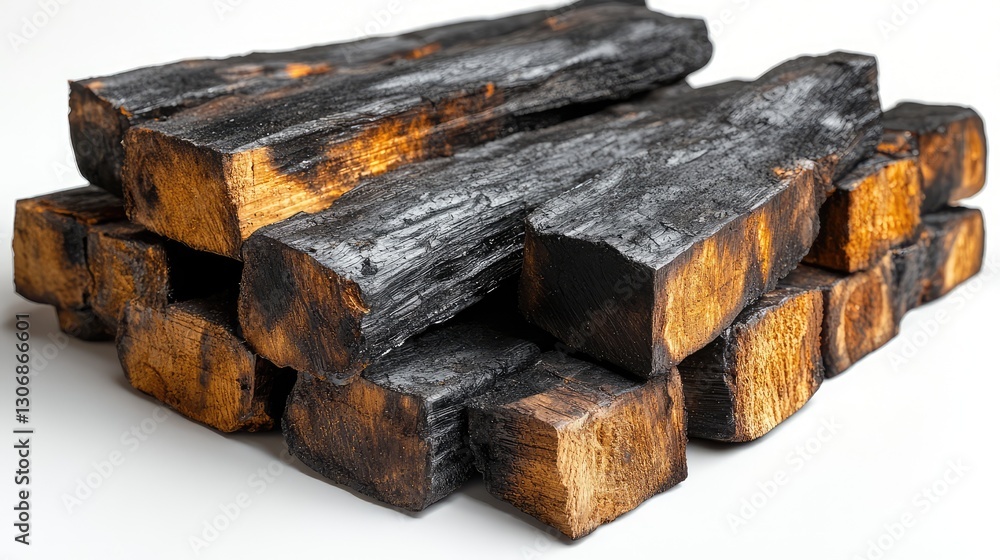 A collection of charred firewood logs and ashes from a bonfire, isolated on a crisp white background for a dramatic effect A collection of charred firewood logs and ashes from a bonfire, isolated on a crisp white background for a dramatic effect