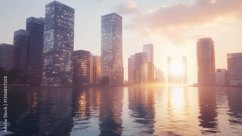 Fototapeta premium Cityscape sunset reflected in calm water.