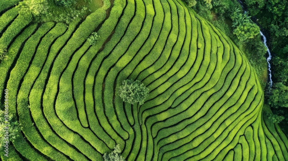 Lush Green Terraced Rice Fields with Winding Patterns and Stream Lush Green Terraced Rice Fields with Winding Patterns and Stream