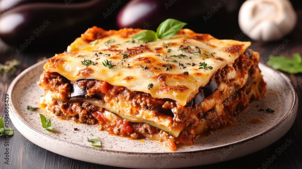 Generous plate overflowing with layers of delicious lasagna perfectly baked and ready to serve Generous plate overflowing with layers of delicious lasagna perfectly baked and ready to serve