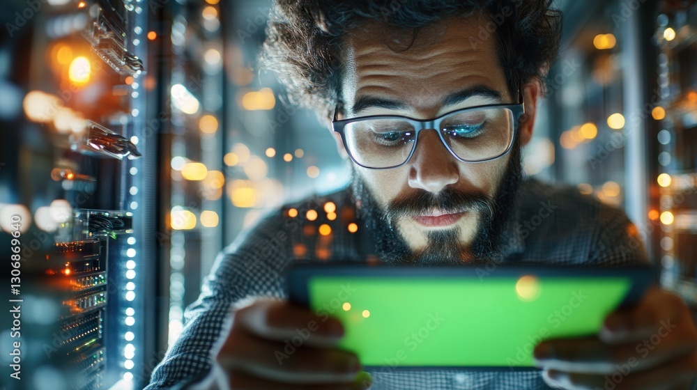 Focused IT specialist using tablet in server room at night. Focused IT specialist using tablet in server room at night.