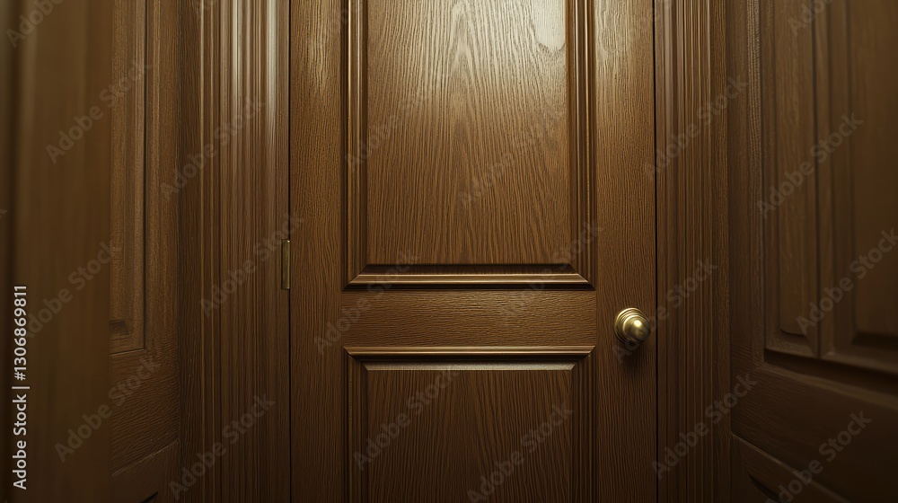A close-up of a newly installed wooden door, with an empty frame and surrounding space for creative text. A close-up of a newly installed wooden door, with an empty frame and surrounding space for creative text.