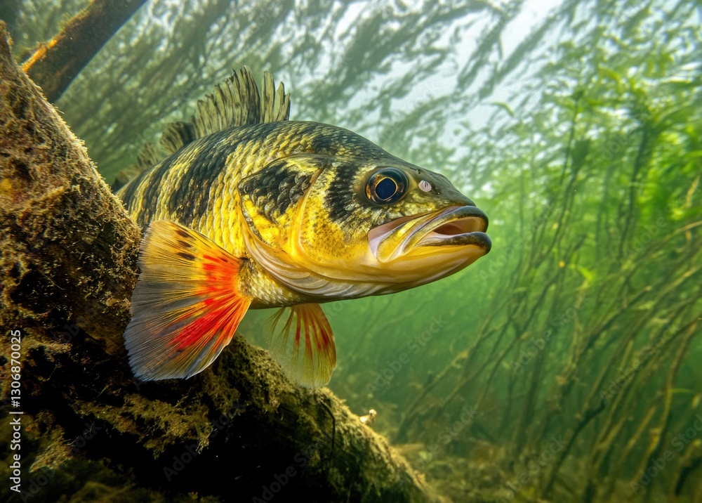 Fototapeta premium A perch swims gracefully among aquatic plants in a river, showcasing its vibrant stripes and predatory stance while searching for food in a natural habitat