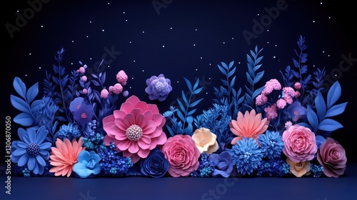 3D render of colorful paper flowers and leaves on dark background.