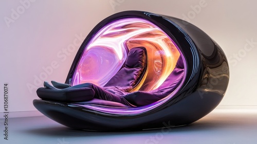 Person relaxing in futuristic, illuminated, egg-shaped chair.