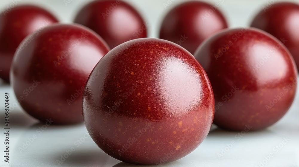 Close-up of several shiny, dark red spheres on a white surface. Close-up of several shiny, dark red spheres on a white surface.