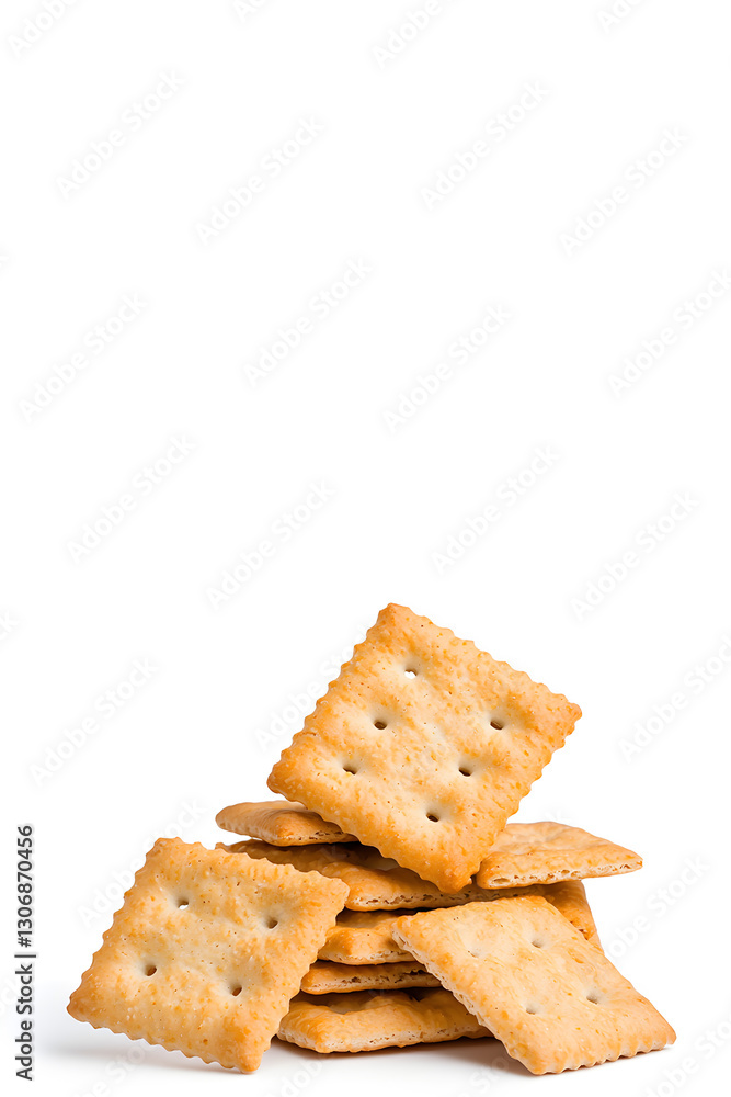 Stacked pile of crispy saltine crackers, isolated on white background Stacked pile of crispy saltine crackers, isolated on white background