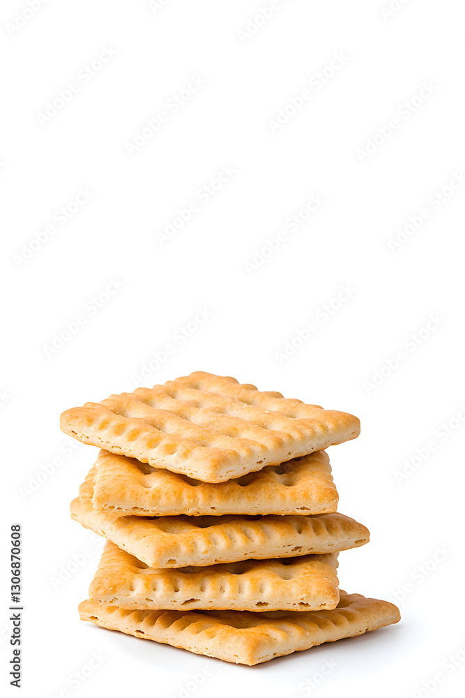 Stacked pile of crispy saltine crackers, isolated on white background Stacked pile of crispy saltine crackers, isolated on white background