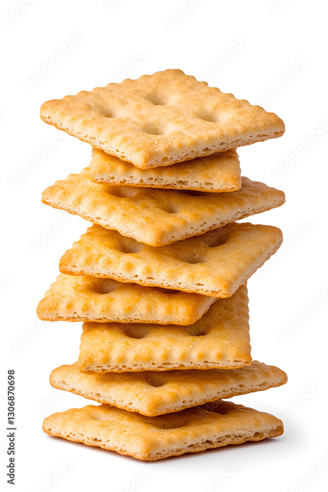 Stacked pile of crispy saltine crackers, isolated on white background Stacked pile of crispy saltine crackers, isolated on white background