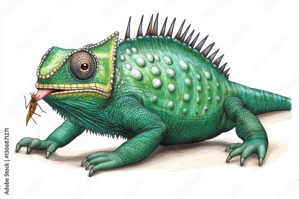 Obraz premium A veiled chameleon extending its long sticky tongue to catch an insect