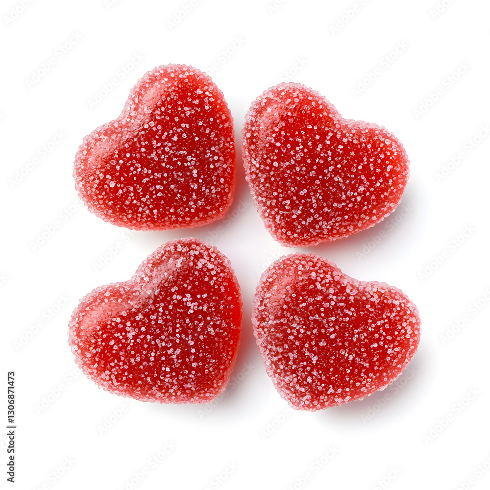 Fototapeta premium Red Jelly heart shaped candies coated in sugar, isolated on white background