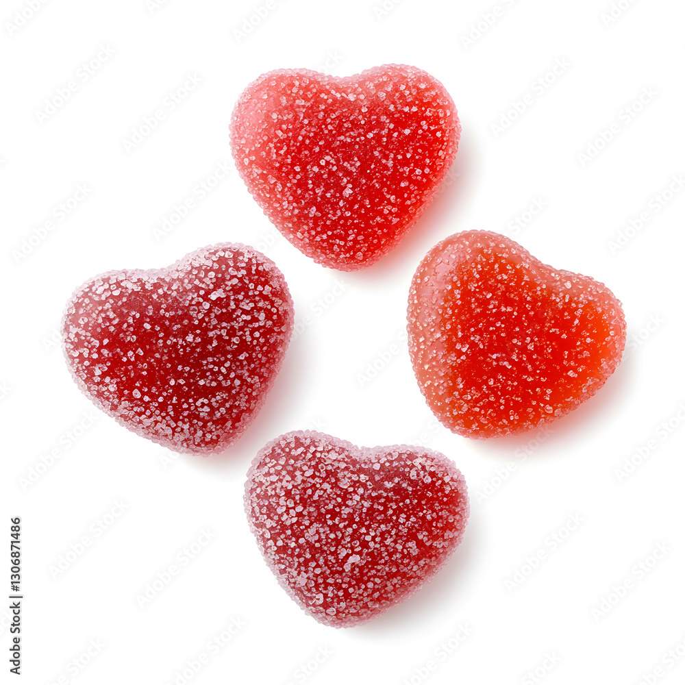 Fototapeta premium Red Jelly heart shaped candies coated in sugar, isolated on white background