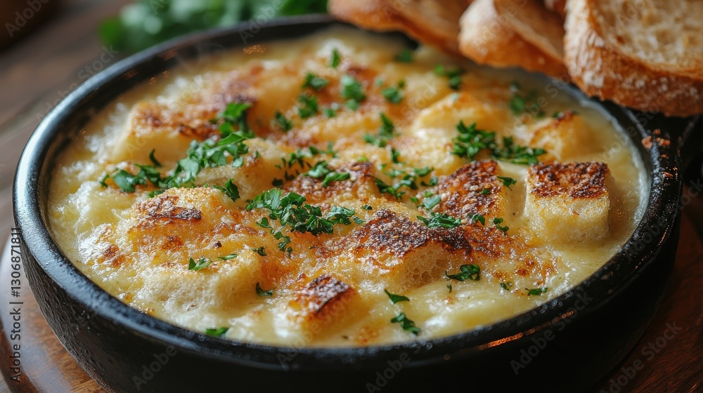 steaming bowl of creamy soup with fresh parsley and crusty bread steaming bowl of creamy soup with fresh parsley and crusty bread