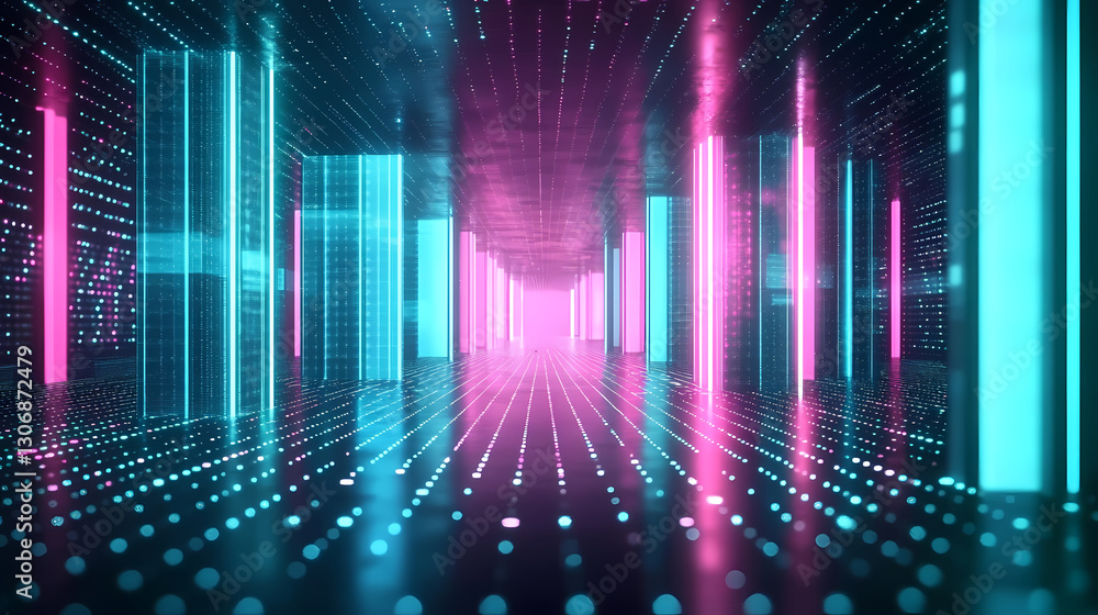Futuristic space with glowing columns and light reflections Futuristic space with glowing columns and light reflections
