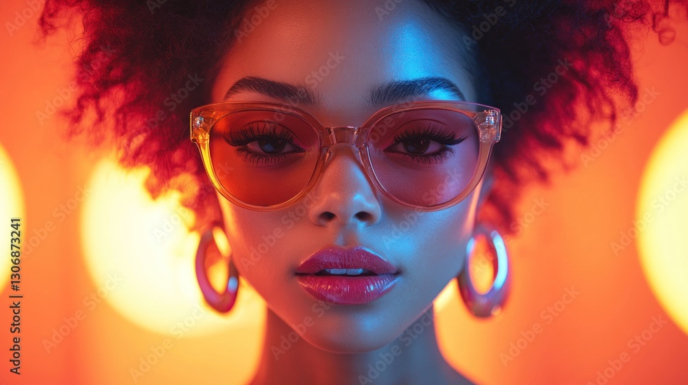 Obraz premium Close-up portrait of a young woman with curly hair, sunglasses, and hoop earrings, against a vibrant orange and blue neon light background.