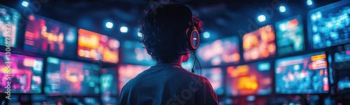 Man standing in front of a wall of televisions