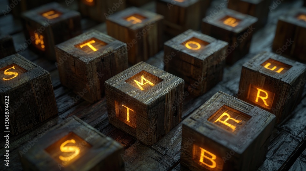 Obraz premium Illuminated wooden letter blocks spelling 