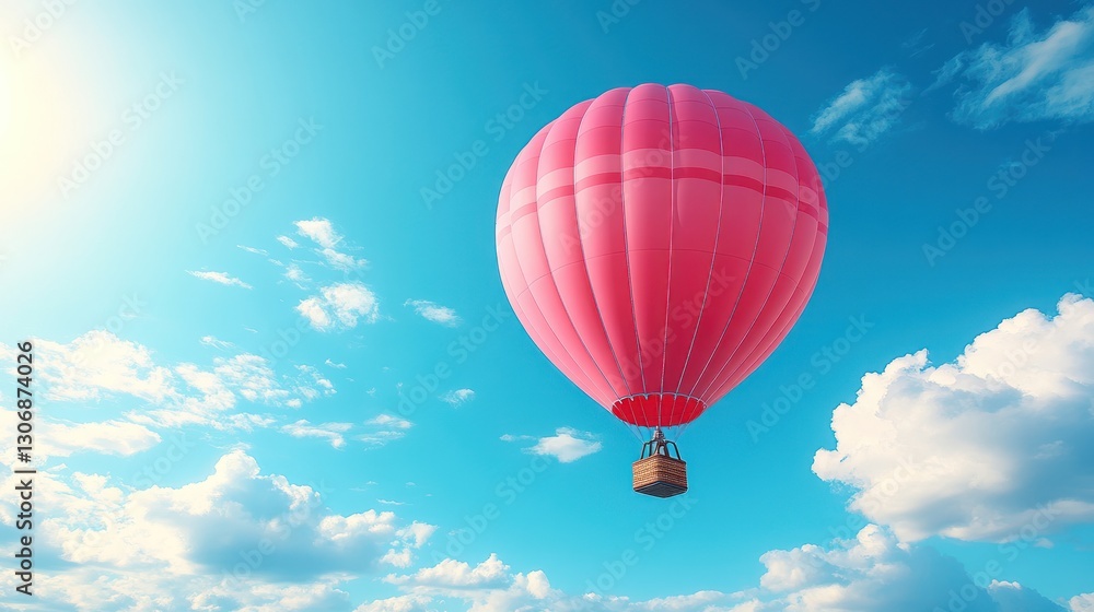 Pink hot air balloon soaring through a vibrant blue sky with fluffy white clouds. Pink hot air balloon soaring through a vibrant blue sky with fluffy white clouds.