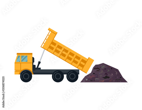 Dump truck unloading garbage. Big yellow isolated dumpster with raised tipper body and pile of trash. Flat vector car for environmental, construction, industrial or transportation graphics.