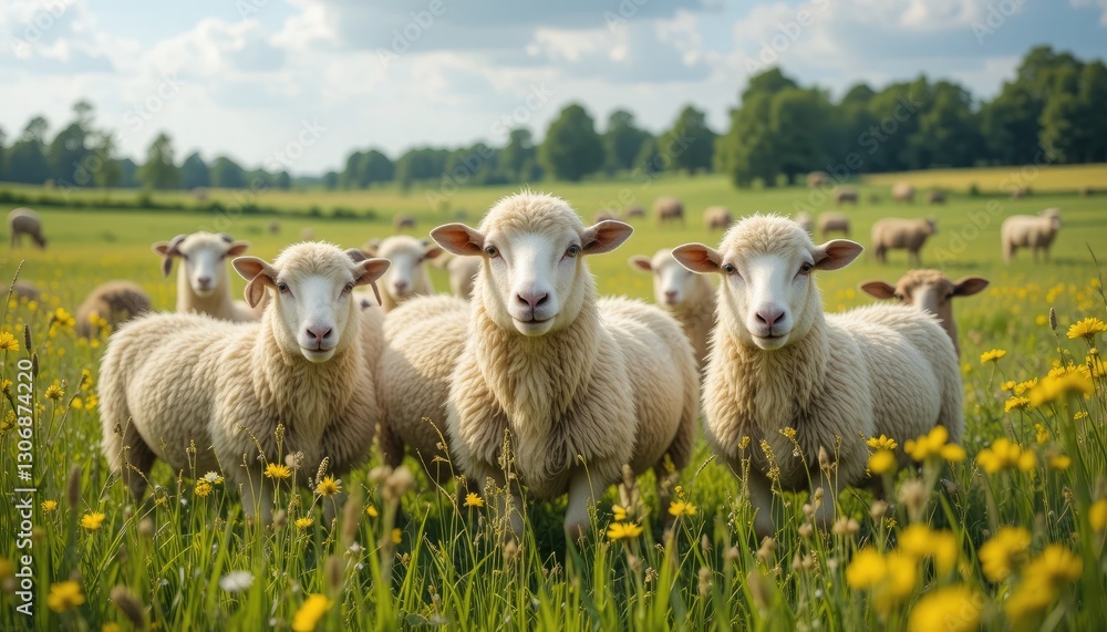 The coexistence of meadows and animals symbolizes the pleasant coexistence of contented sheep, verdant fields, and their vital role in pastoral traditions and agriculture. The coexistence of meadows and animals symbolizes the pleasant coexistence of contented sheep, verdant fields, and their vital role in pastoral traditions and agriculture.