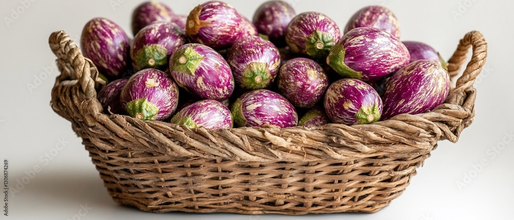 Aubergines in basket on plain backdrop, ideal for a cooking concept image Aubergines in basket on plain backdrop, ideal for a cooking concept image