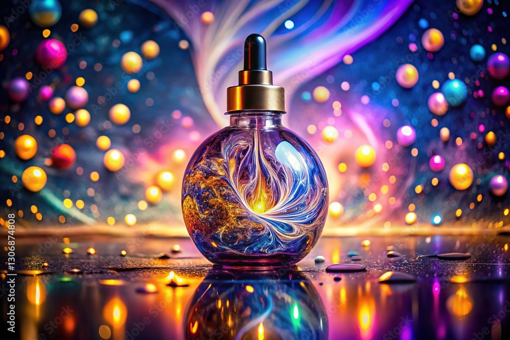 Glowing Particle Swirl Dropper Bottle, Fish-Eye Lens, Terrazzo Effect Glowing Particle Swirl Dropper Bottle, Fish-Eye Lens, Terrazzo Effect