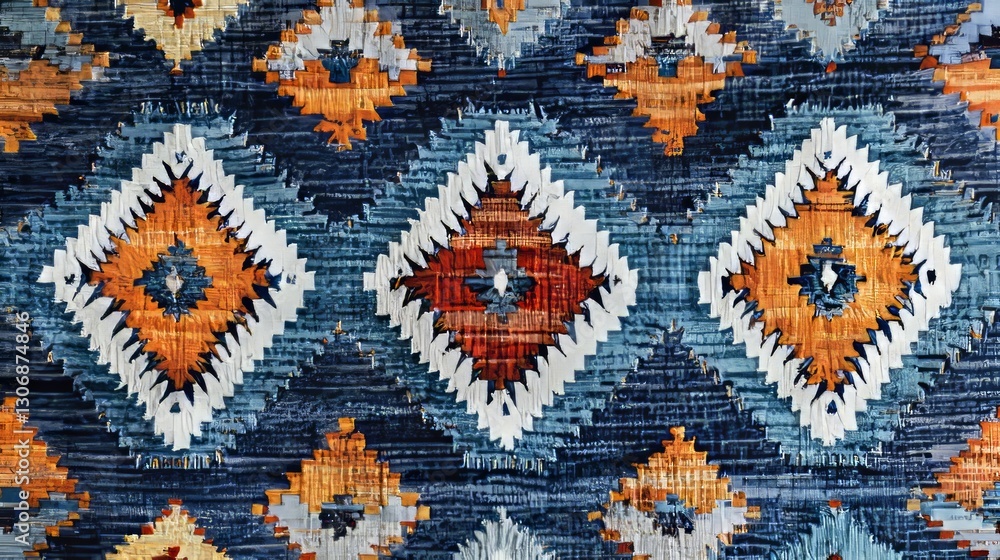 Turkish kilim rug pattern, deep blues and oranges with repeating diamond shapes, vibrant and bold, ultra-detailed, 4k Turkish kilim rug pattern, deep blues and oranges with repeating diamond shapes, vibrant and bold, ultra-detailed, 4k