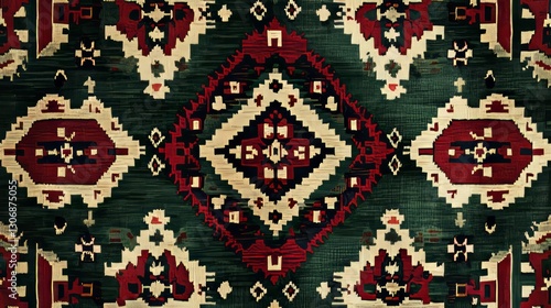 Turkish kilim rug pattern in forest green and crimson, repeating abstract shapes, traditional and bold, ultra-detailed, 8k
