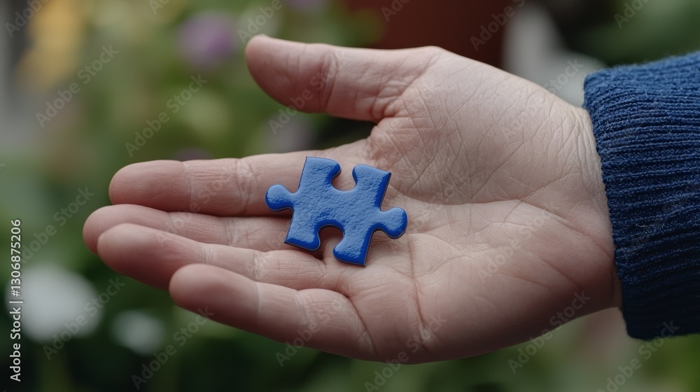 A single blue jigsaw puzzle piece held in the open palm of a hand A single blue jigsaw puzzle piece held in the open palm of a hand