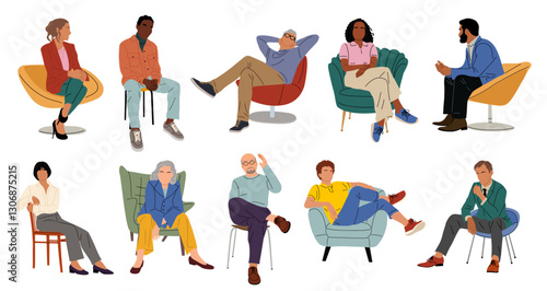Business people sitting, taking part in meeting, business event. Set of Different men, women in formal and smart casual office attire. Collection of vector illustrations on transparent background
