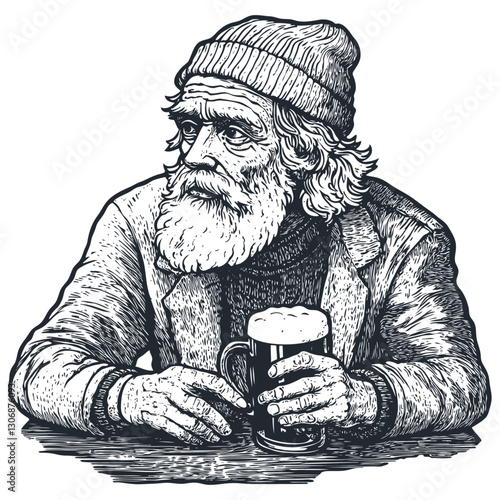 Vector illustration of an elderly bearded sailor or fisherman in woodcut engraving style. Old man wearing a knit cap holds a mug, leaning on a table. Detailed black and white portrait 
