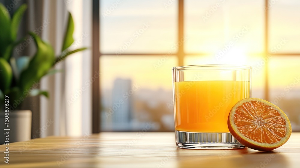 Glass of orange juice on wooden table by window at sunrise.