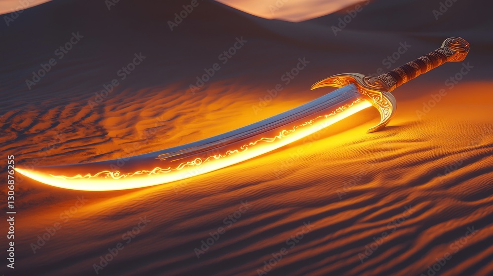 Naklejka premium Glowing scimitar in desert sand at sunset.