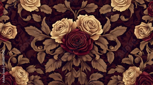 Victorian floral carpet pattern in deep burgundy and gold, swirling roses and leaves, rich and timeless, ultra-detailed, 8k