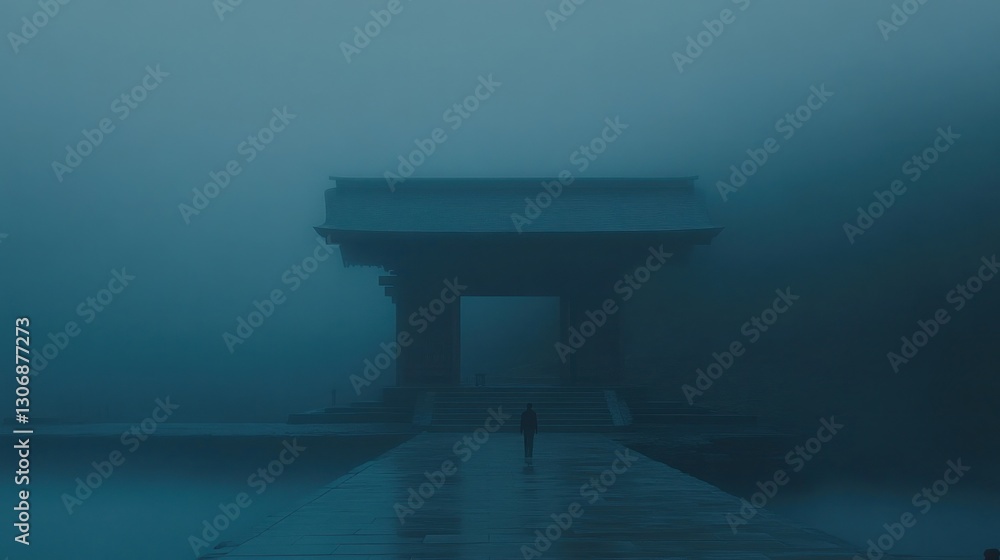Solitary figure walking towards ancient stone gate shrouded in thick fog. Solitary figure walking towards ancient stone gate shrouded in thick fog.