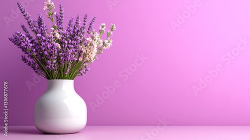 Lavender and white flowers in a white vase against a pink background.
