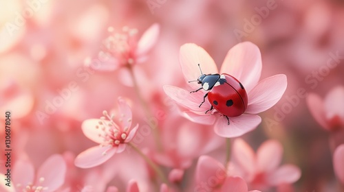 Ladybug on pink flower blossom in sunset light.