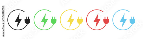 Electrical power icon symbol sign. Lightning electric plug icon, bolt circle symbol. Electric car charging point symbol, vector illustration
