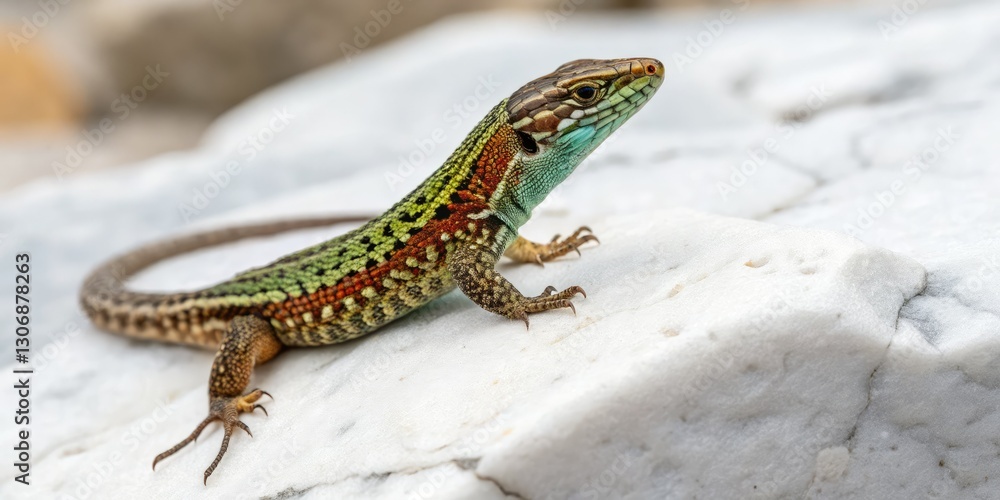 Common Wall Lizard Sunbathing on Marble - Aerial Photography of Podarcis Muralis Common Wall Lizard Sunbathing on Marble - Aerial Photography of Podarcis Muralis