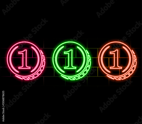 coin icon set. Glowing neon coin with number one symbol, outline symbol. USD currency, token digital currency, financial market and trade, earned money, financial budget, bank money. Vector Icons.2