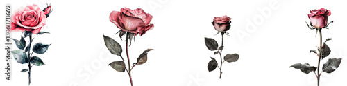 PNG Fresh pink rose set isolated on white background, romantic floral beauty
