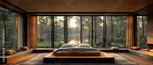 Wallpaper Mural Sunrise view from a minimalist bedroom with large windows overlooking a lake and forest. Torontodigital.ca