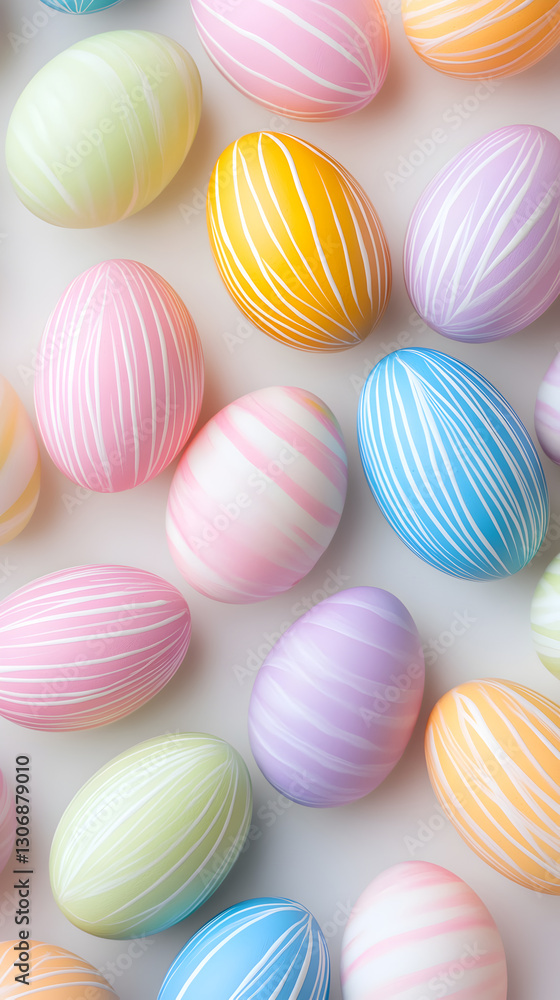 Aesthetic flat lay with softly colored Easter eggs featuring unique white line designs. Great for festive advertising, product photography, and creative projects. Selective focus Aesthetic flat lay with softly colored Easter eggs featuring unique white line designs. Great for festive advertising, product photography, and creative projects. Selective focus