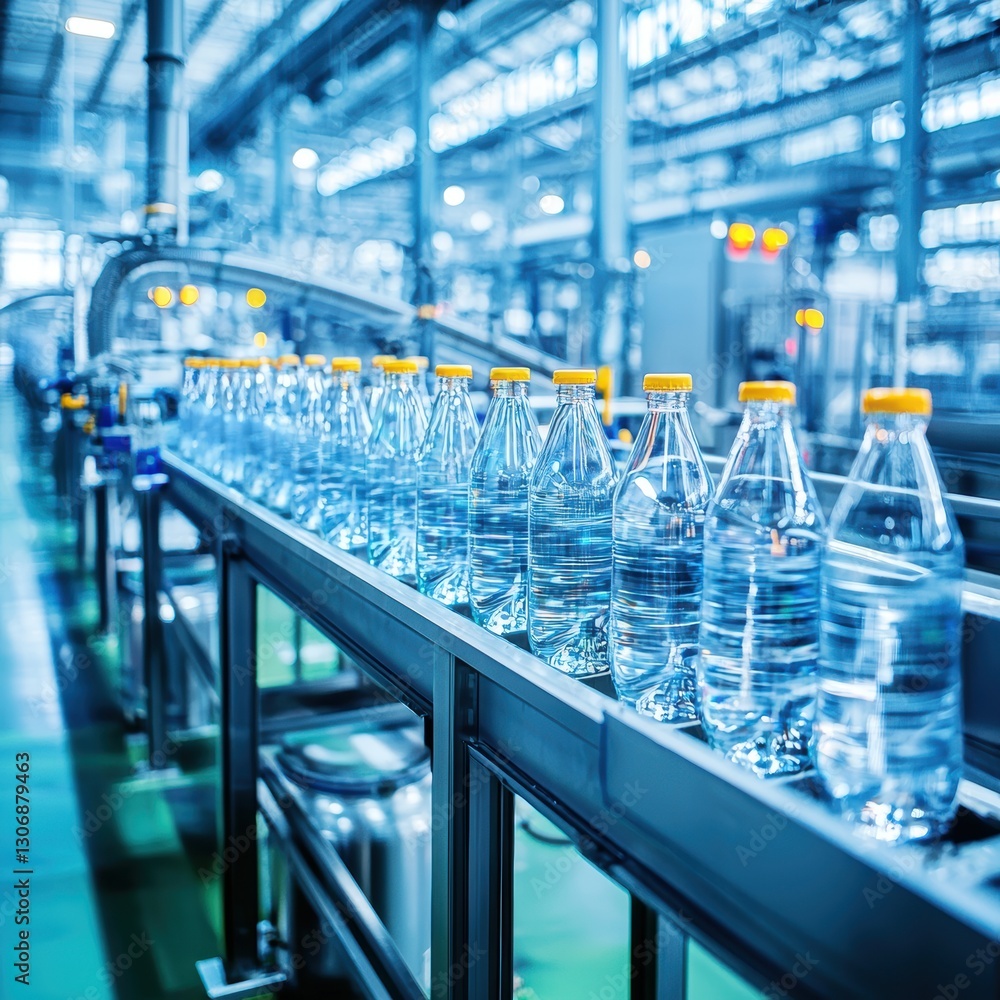 A production line filled with clear water bottles, showcasing an efficient manufacturing process in a modern facility. A production line filled with clear water bottles, showcasing an efficient manufacturing process in a modern facility.